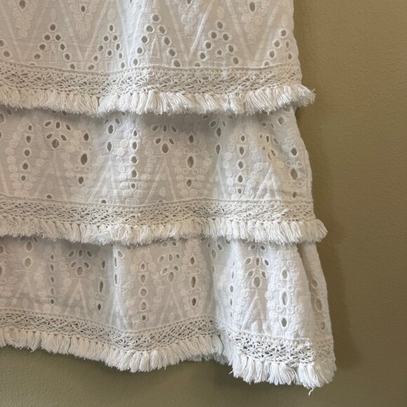 PINK CHICKEN White Eyelet Dress Girls 6 Tiered Sleeveless Boho Fringe Hem Cotton - Picture 3 of 6